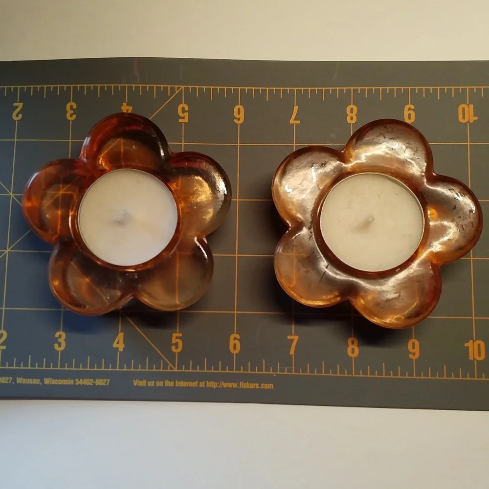 3/$25 Orange Flower Tealight Holders Glass